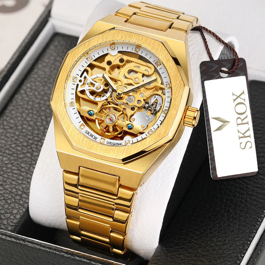 2024 New SKROX High Quality Octagon Luminous Transparent Dial Automatic Mechanical Waterproof Stainless Steel Strap Men's Watch